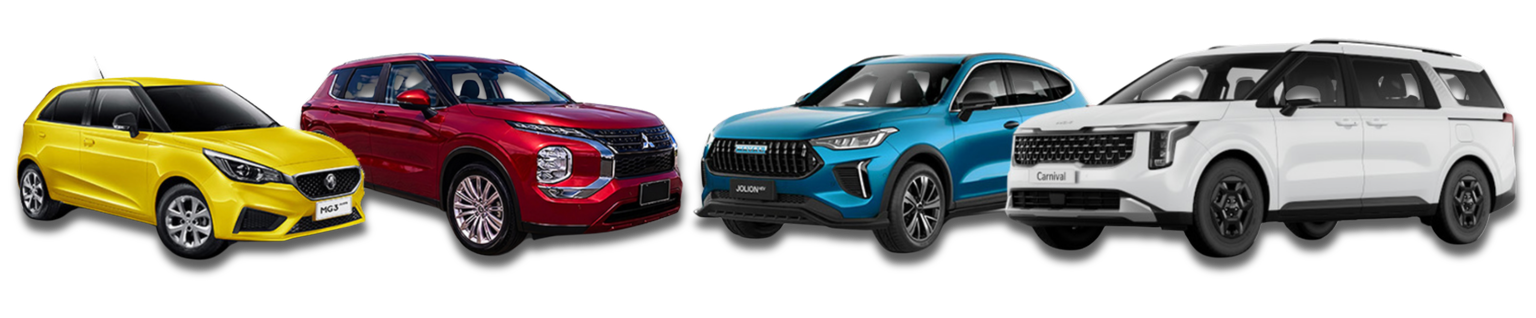 Yellow MG3, red Mitsubishi Outlander, blue Haval Jolion and white KIA Carnival